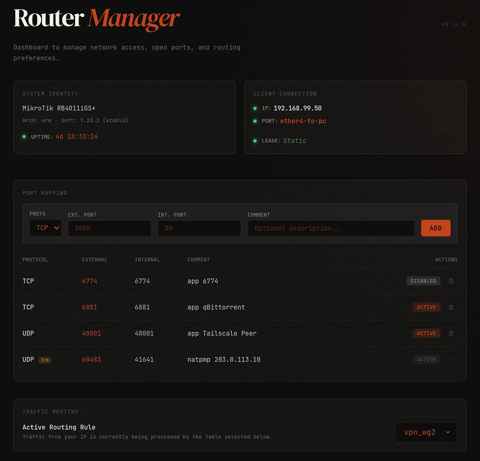 Router Manager dashboard — full view: system status, port-mapping table, routing rule